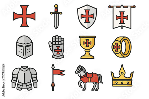 Medieval crusader icon set featuring armor, weapons, and symbols with red cross design