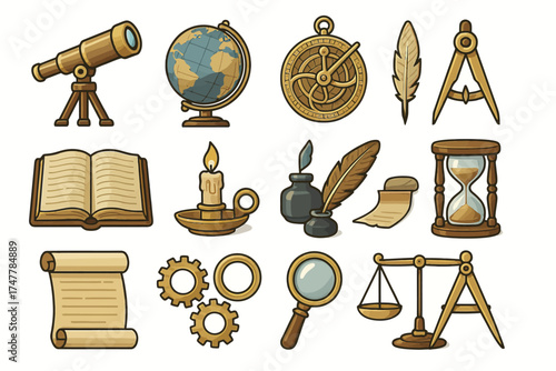 Vintage exploration tools and artifacts collection with map, telescope, compass, and quill