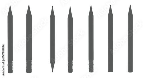 Collection of sharp graphite pencils lined up various shapes and sizes for drawing and writing vector