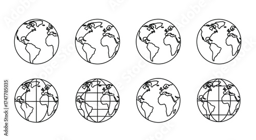 Set of eight simplified globe outlines showing different earth perspectives and continents vector