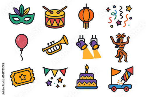 Colorful carnival icons: mask, drum, lantern, and more celebratory symbols
