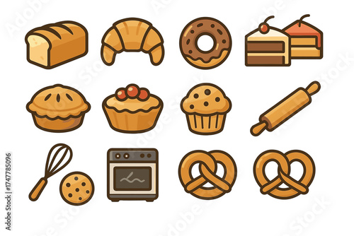 Colorful assortment of baked goods icons including bread, pastries, and utensils