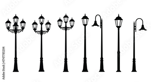 Collection of classic street lamp silhouettes various designs decorative outdoor lighting elements vector