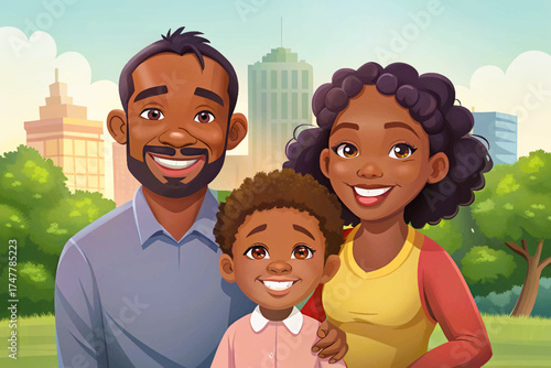 African American family playing together in city park, laughter, unity, and fun illustration