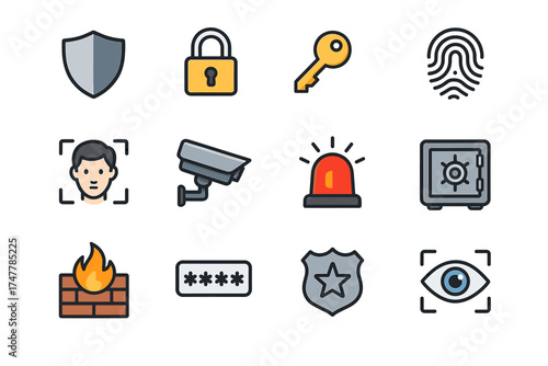 Security icons: camera, lock, key, fingerprint, facial recognition, alarm, safe, firewall