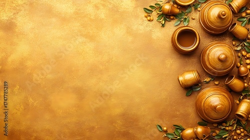 Elegant golden pottery arrangement on texture background, showcasing artisanal craft