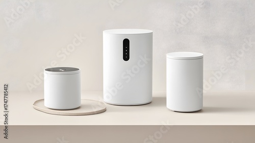 Three cylindrical white devices showcasing modern design, minimalist product rendering.
