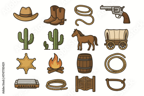 Wild west icon set: cowboy hat, boots, revolver, cactus, horse, wagon, lasso, sheriff badge