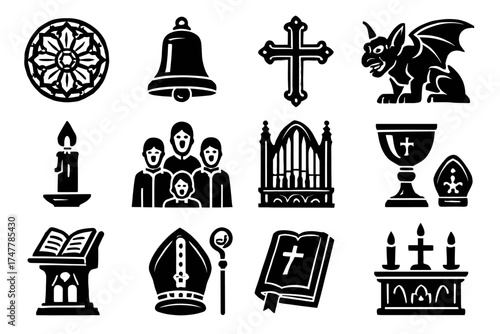 Gothic religious icons: stained glass, cross, gargoyle, candle, family, organ, chalice, bishop