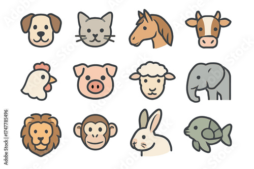 Cute animal icons: dog, cat, horse, cow, chicken, pig, sheep, elephant, lion, monkey, rabbit, fish