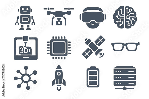 Technology icons: robot, drone, vr, ai, 3d printer, microchip, satellite, glasses, network, rocket, battery, server