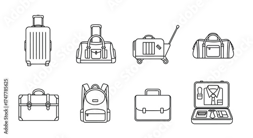 Collection of hand drawn luggage and travel bags diverse styles for journey and exploration vector