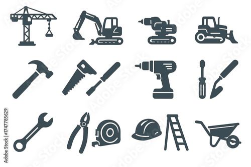 Construction equipment icons: tools, machinery, vehicles for building projects
