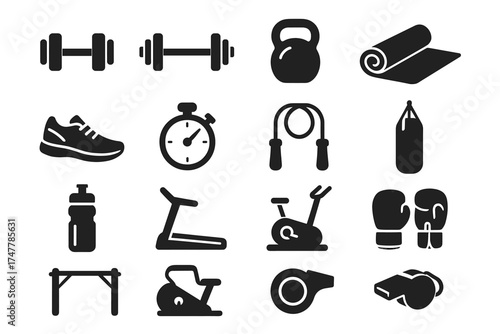 Fitness equipment icons: weights, shoes, timer, kettlebell, yoga mat, more