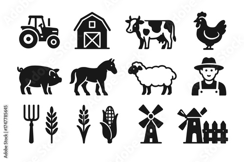 Farm icon set: tractor barn cow chicken pig horse sheep farmer windmill wheat corn