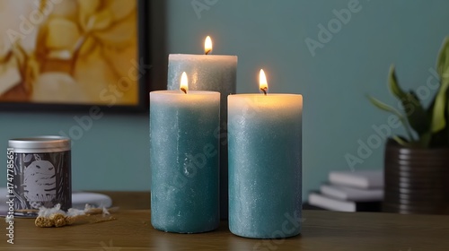 Three teal candles glowing on table creating a warm ambiance for relaxation, peace