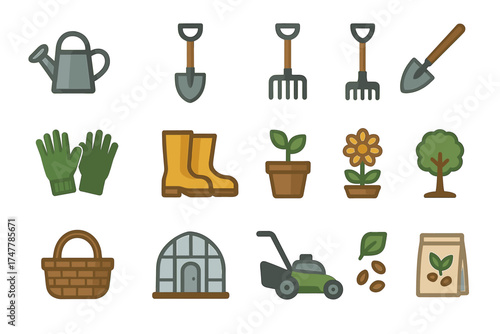 Colorful gardening icons set including tools, plants, and greenhouse elements