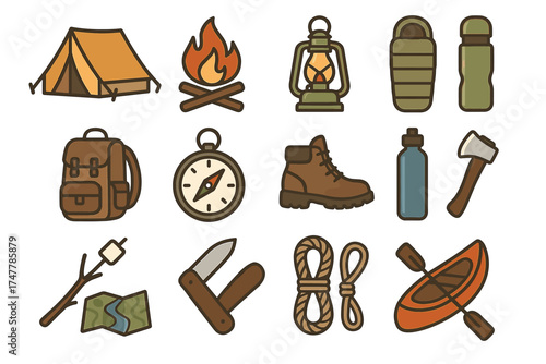 Camping essentials: tent, fire, lantern, sleeping bag, backpack, compass, boot, water bottle, axe, marshmallow, map, knife, rope, kayak