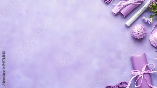Crafting background with purple texture and decorative elements from above view