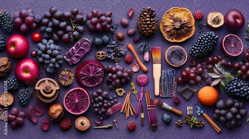 Autumn harvest still life with grapes, apples, brushes, and walnuts against purple background