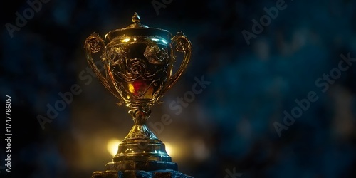 Golden detailed trophy cup on a stone pedestal, vintage aesthetic design
