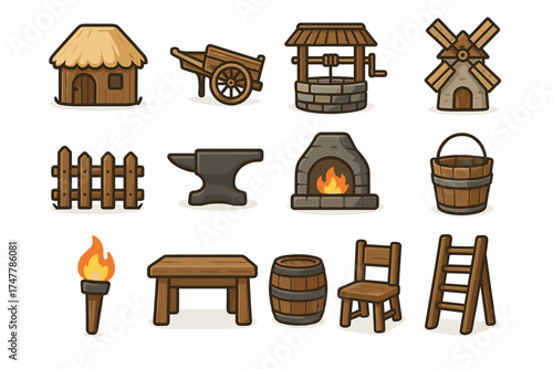 Medieval village icons: hut, well, windmill, forge, and more