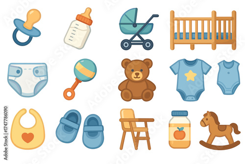 Baby essentials collection: pacifier, bottle, stroller, crib, and more