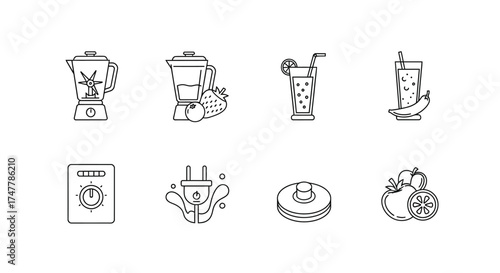 Hand drawn icons representing healthy smoothies fresh fruit and kitchen appliances for beverage preparation vector