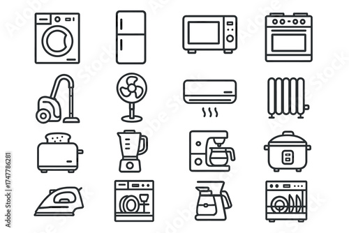 Home appliances icon set: washer, fridge, microwave, oven