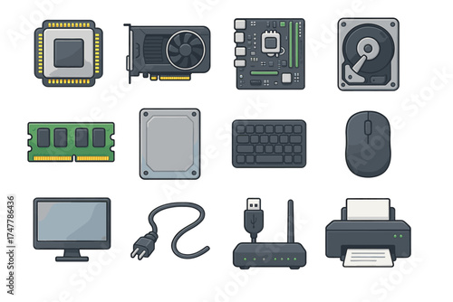 Essential computer hardware components collection: cpu, gpu, motherboard, and more