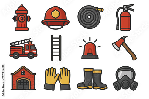 Firefighting equipment icons collection: helmet, extinguisher, ladder, hydrant, tools