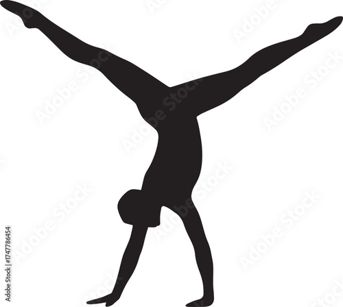 “Cartwheel Extension Athlete Silhouette – Gymnast Motion Vector in Solid Black Flat Style, Ultra HD Professional Sports Illustration”