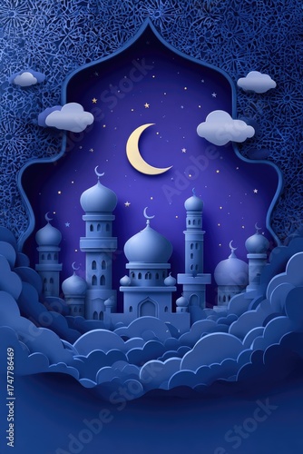 Papercut mosque at night, framed in deep blue