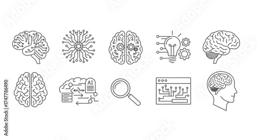 Hand drawn brain icons representing intelligence creativity knowledge and innovation ideas vector