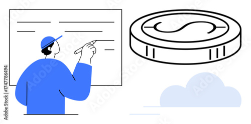 Person in blue cap writing on large board, with coin floating beside. Ideal for finance, education, planning, strategy, investment, learning budgeting. Clean and simple flat metaphor