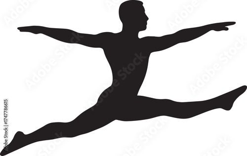 “Split Leap Athlete Silhouette – Dynamic Gymnast Jump Vector in Solid Black Style, Ultra HD Sports Illustration, Professional Stock Design”