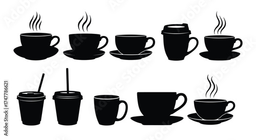 Collection of silhouetted coffee cups and mugs with steam for a warm beverage experience vector