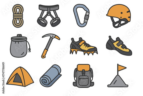 Essential climbing gear: harness, carabiner, helmet, crampons, tent, and more