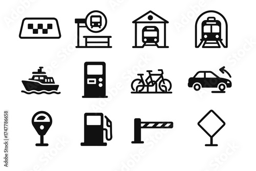 Transport icons set: bus, train, boat, car, bicycle, fuel, parking, gate, taxi sign