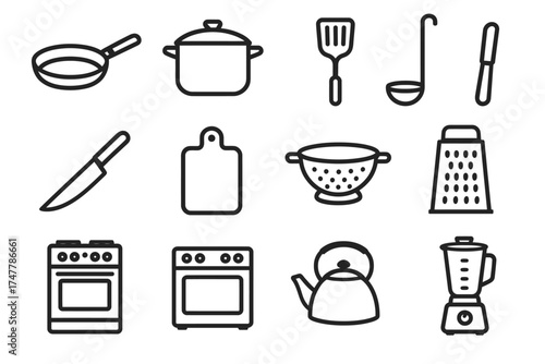Essential kitchen tools: frying pan, saucepan, and more kitchenware icons
