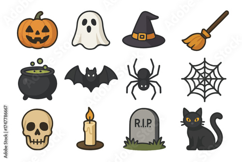 Halloween icon set: pumpkin, ghost, witch hat, broom, cauldron, bat, spider, web, skull, candle, tombstone, black cat