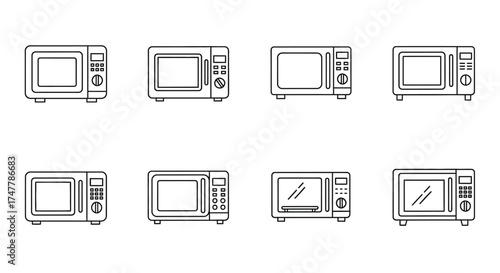 Collection of eight stylized outline microwave ovens for kitchen and food preparation vector