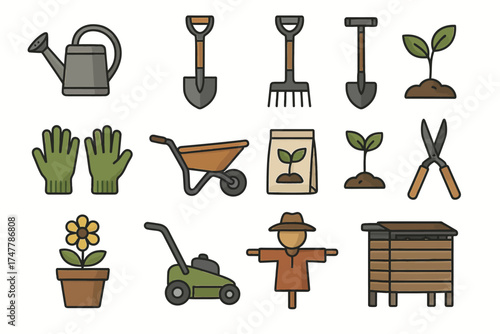 Gardening tools and plant icons set with watering can, shovel, rake, seedlings, and more