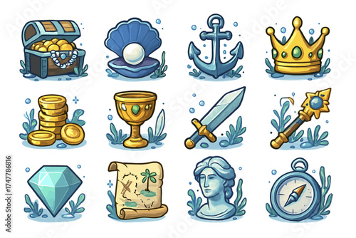 Treasure icons collection: chest, pearl, anchor, crown, coins, goblet, sword, scepter, diamond, map, statue, compass