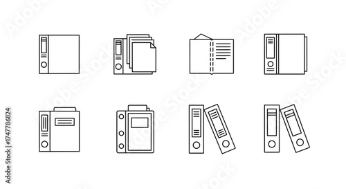 Collection of office stationery and filing system icons outline style for business and organization vector