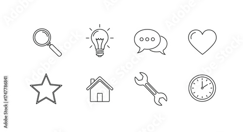 Hand drawn icon set featuring search lightbulb chat heart star house wrench and clock for concept design vector