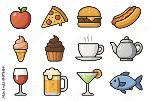 Assorted food and drink icons featuring pizza, burger, hotdog, ice cream, and more