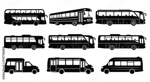 Collection of diverse bus silhouettes representing public transit and transportation services vector