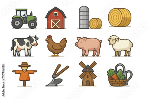 Farm life icons: tractor, barn, animals, crops, and tools illustration set
