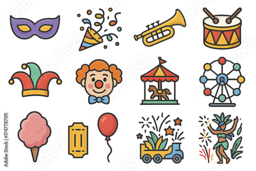 Colorful carnival and circus icons: mask, clown, ferris wheel, trumpet, drums, fireworks